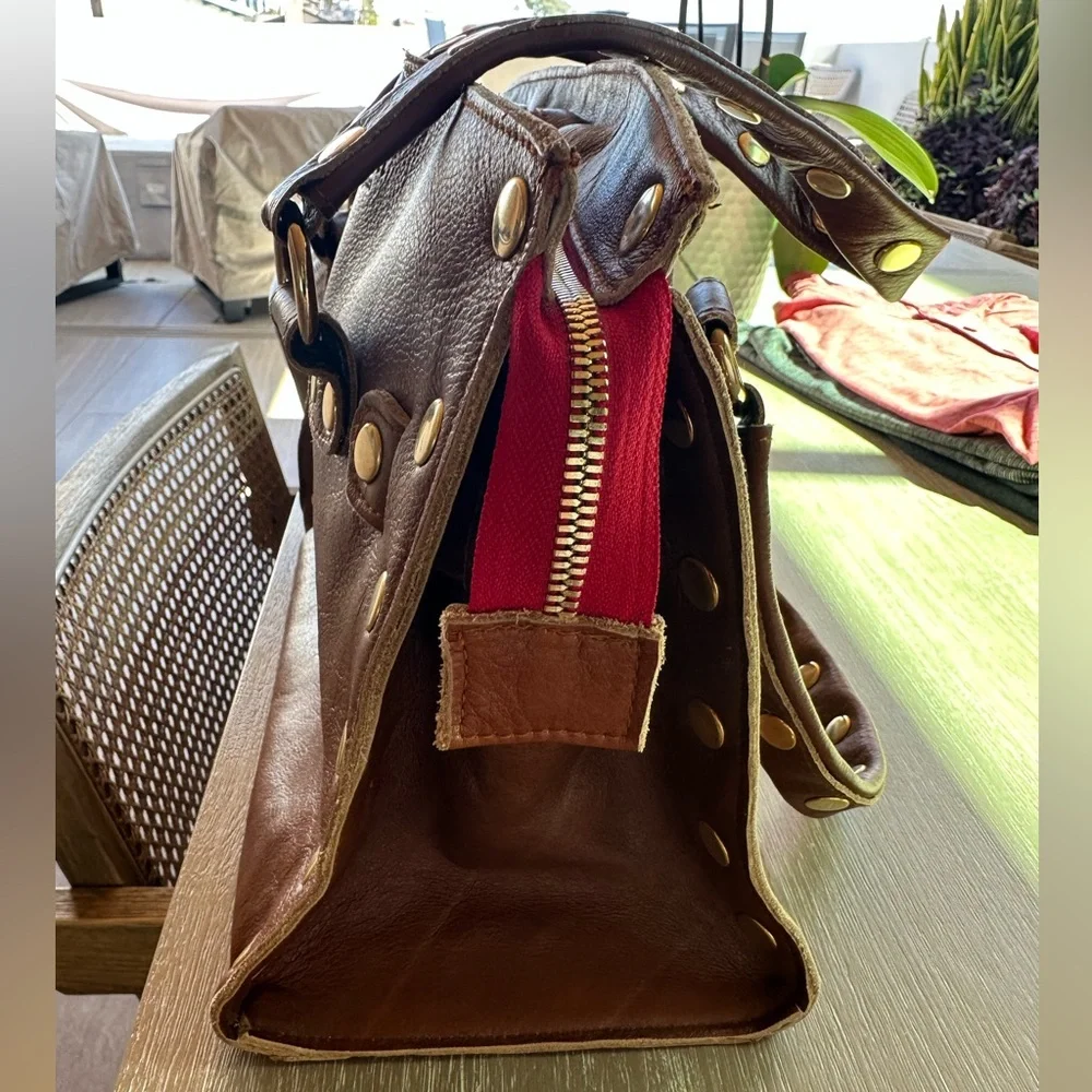 RARE NWOT Hammitt Cognac Real Leather Brentwood Satchel Handbag with Gold Studs - Picture 3 of 9